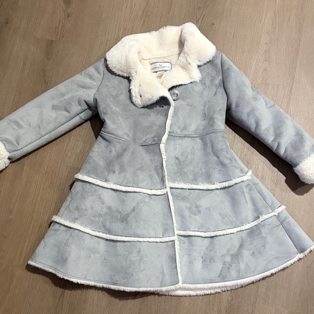 Light Gray Faux Shearling Coat with Cream Trim